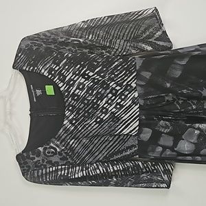 Diva Collection grey and black multi patterned hankerchief hem dress